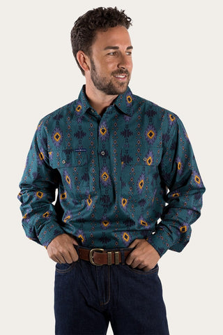 RINGERS WESTERN | LIMITED EDITION MENS HALF BUTTON WORK SHIRT - CABERNET & AMAZON GREEN WITH MONTANA PRINT