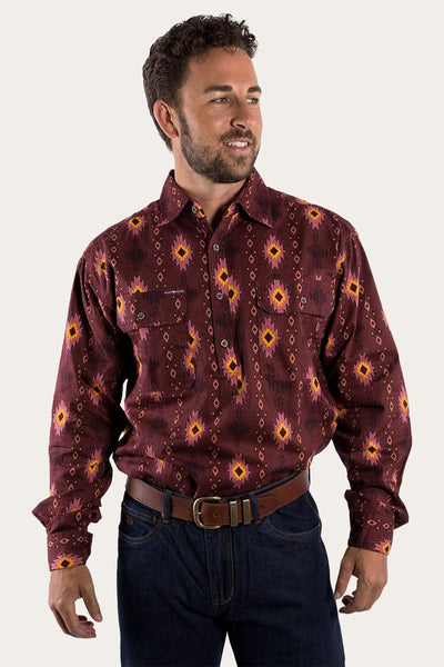 RINGERS WESTERN | LIMITED EDITION MENS HALF BUTTON WORK SHIRT - CABERNET & AMAZON GREEN WITH MONTANA PRINT