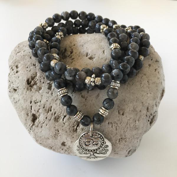 BLACK MOONSTONE 6MM STONE BRACELET WITH TREE OF LIFE AND OM CHARMS