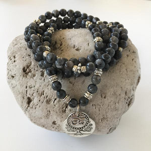 BLACK MOONSTONE 6MM STONE BRACELET WITH TREE OF LIFE AND OM CHARMS