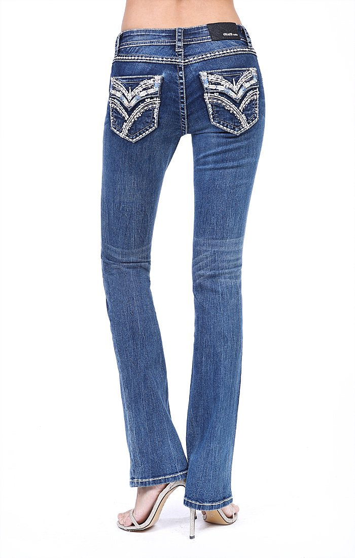 Grace in LA | Medium Wash Stitched Embellished Flap Pocket Bootcut Jeans | JB-51515