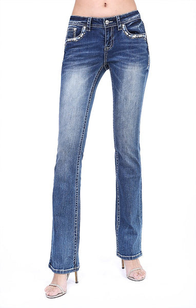 Grace in LA | Medium Wash Stitched Embellished Flap Pocket Bootcut Jeans | JB-51515