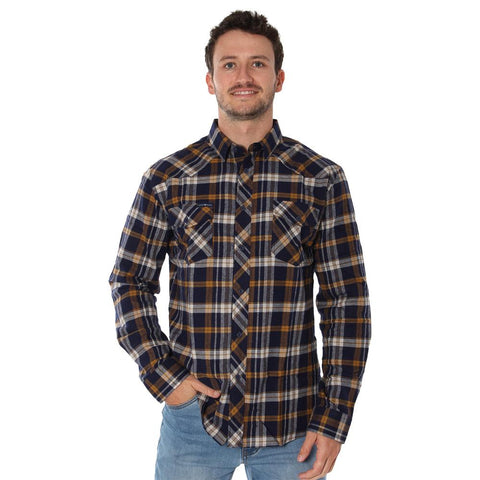 Ringers Western | Cooma Mens Flanno Semi Fitted Shirt - Mustard & Navy Check
