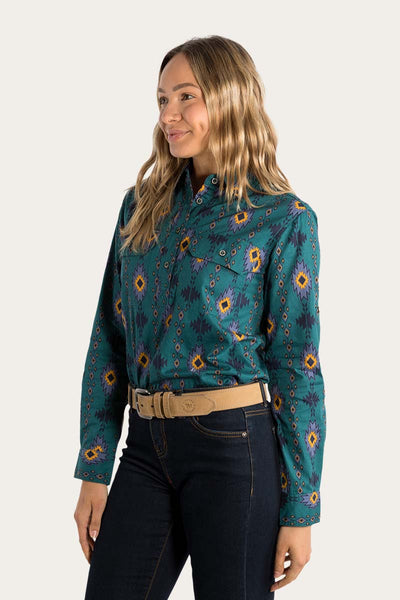 RINGERS WESTERN | LIMITED EDITION WOMENS HALF BUTTON WORK SHIRT - AMAZON GREEN & CABERNET WITH MONTANA PRINT