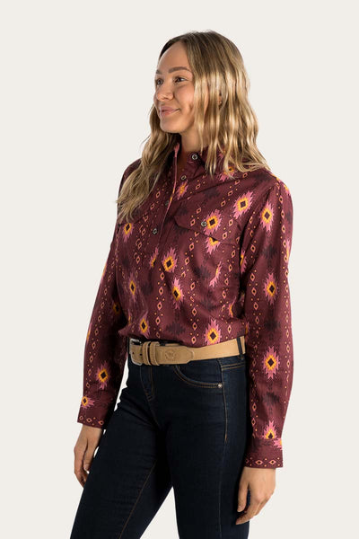 RINGERS WESTERN | LIMITED EDITION WOMENS HALF BUTTON WORK SHIRT - AMAZON GREEN & CABERNET WITH MONTANA PRINT