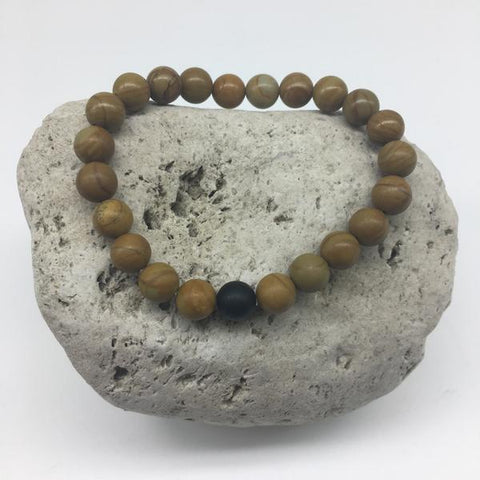 NATURAL WOOD PATTERN STONE AND BLACK AGATE 8MM STONE BRACELET