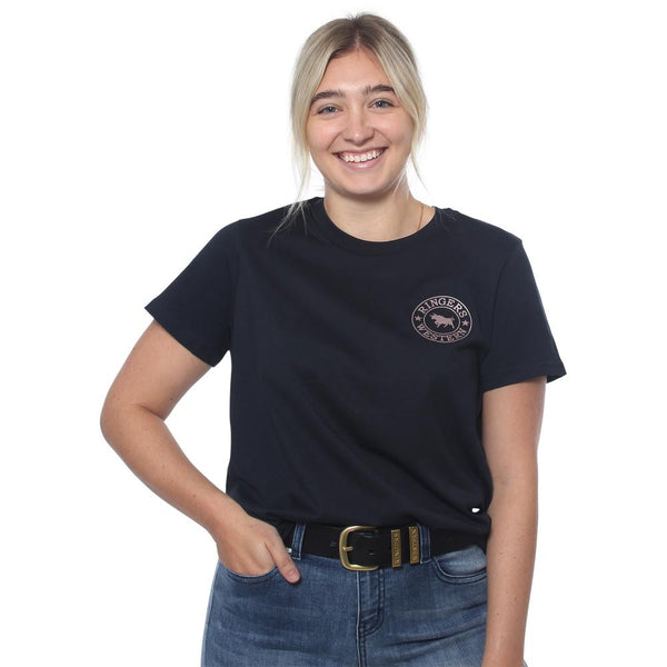 Ringers Western | Signature Bull Womens Loose Fit T-Shirt - Navy with Rose Gold Print